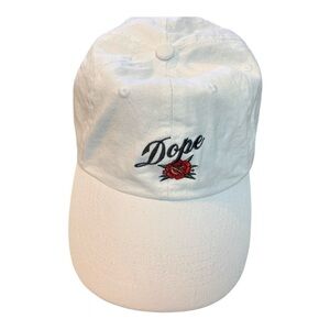 White Cap with Embroidered Rose and 'Dope' dad cap
